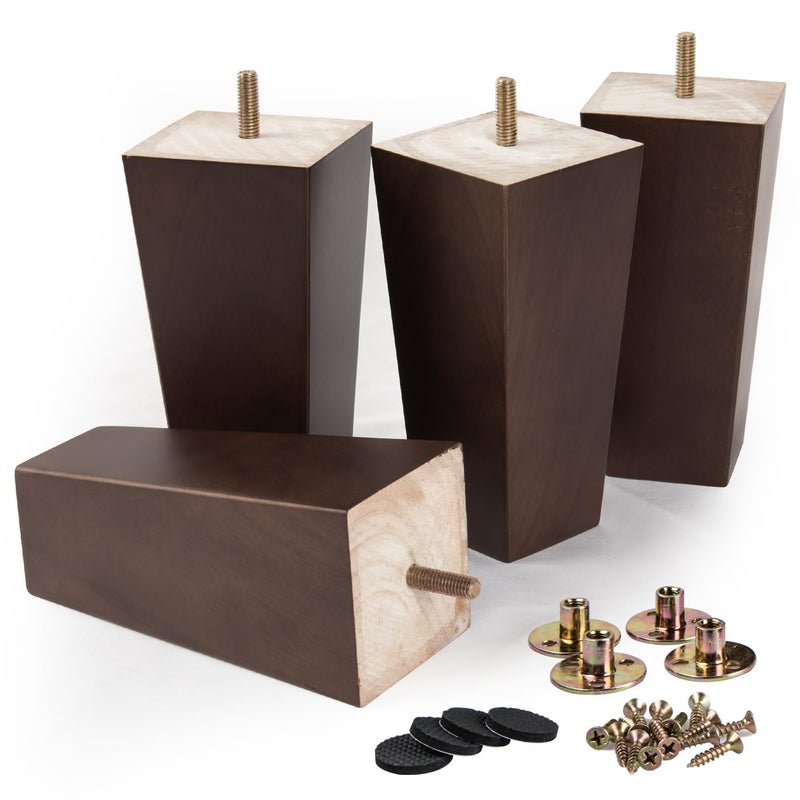 La Vane 6 inch Wooden Furniture Legs  Set of 4 Solid Wood Square Walnut Mid-Century Modern M8 Replacement Bun Feet with Pre-Drilled 5/16 Inch Bolt & Mounting Plate & Screws for Couch Sofa Armchair - Image 1